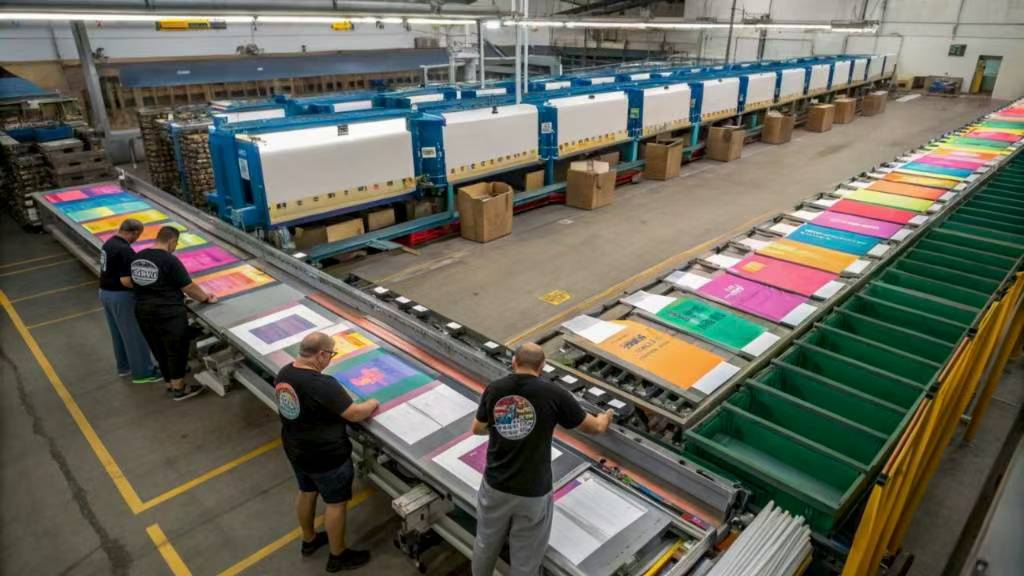 workers inspecting colorful printed fabrics in large factory