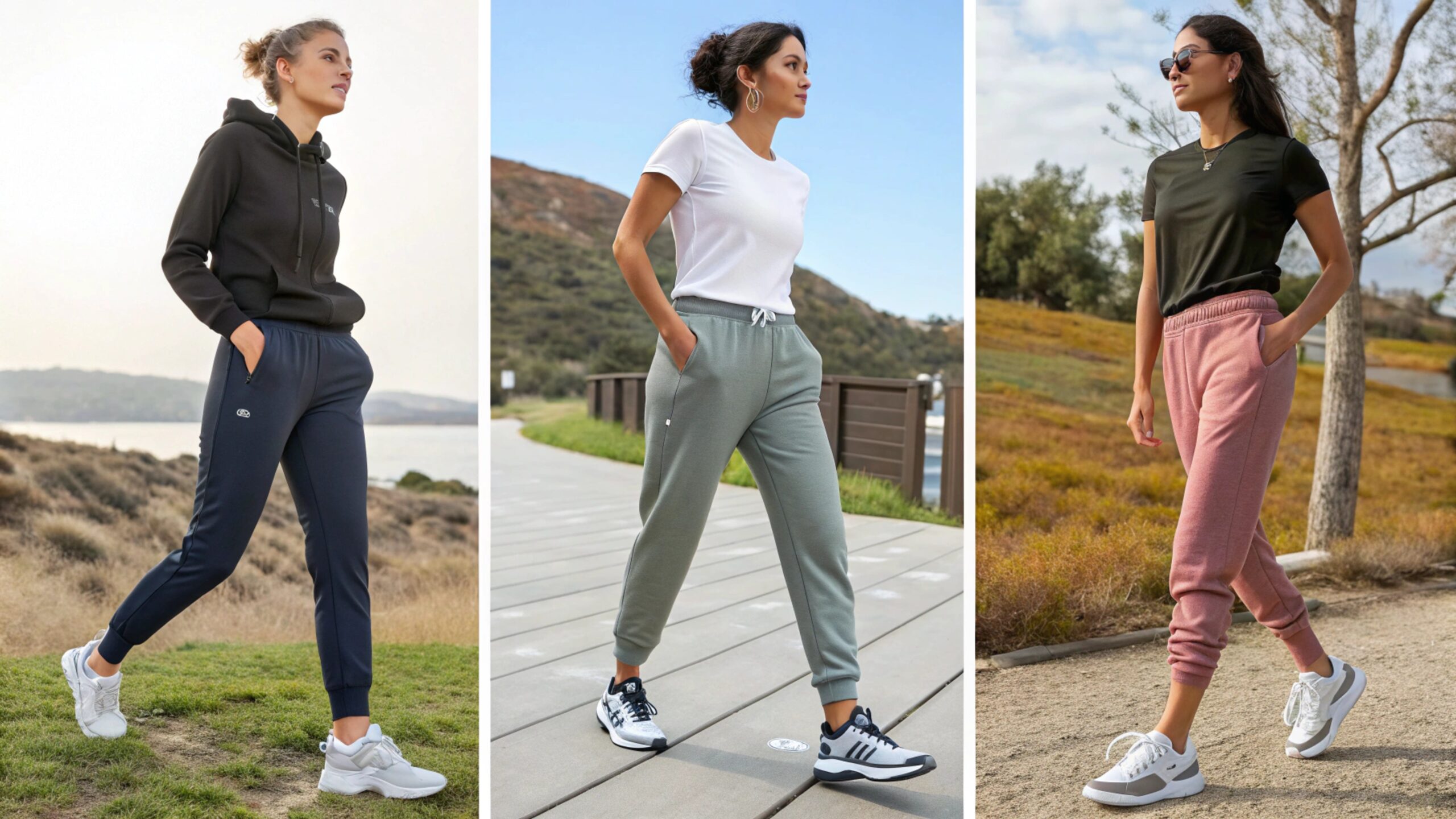 women modeling jogger pants in navy green and pink outdoors