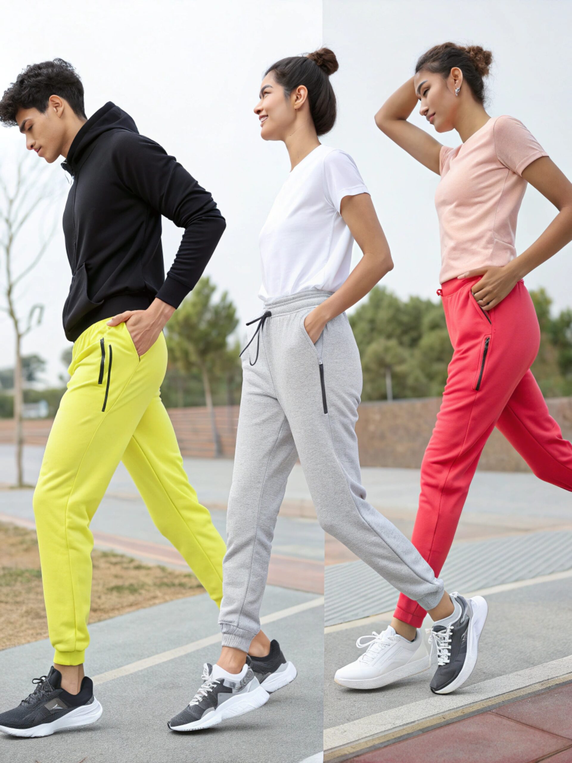 models walking outdoors in colorful jogger pants yellow grey red