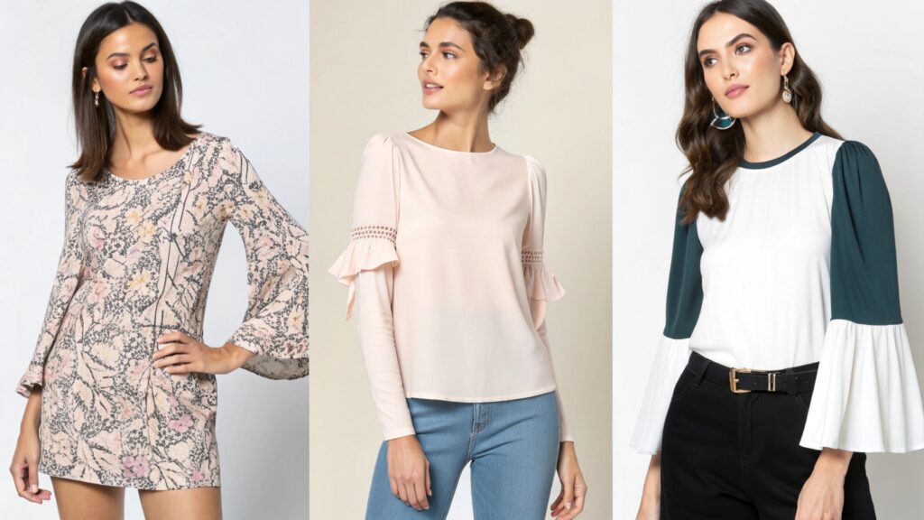 women wearing blouses with different flared and ruffled sleeve styles