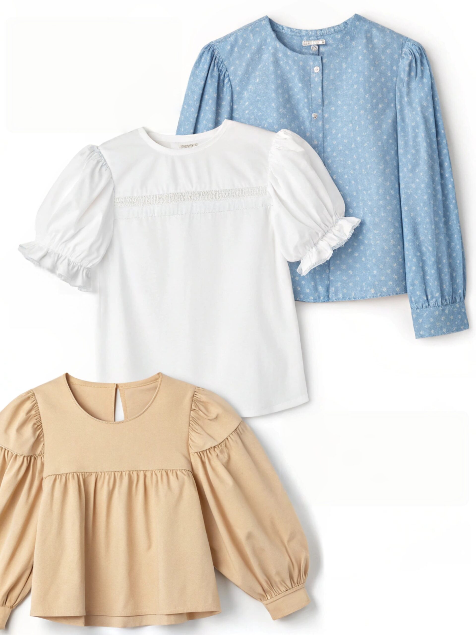 three blouses with puff and long sleeve designs in white blue and beig