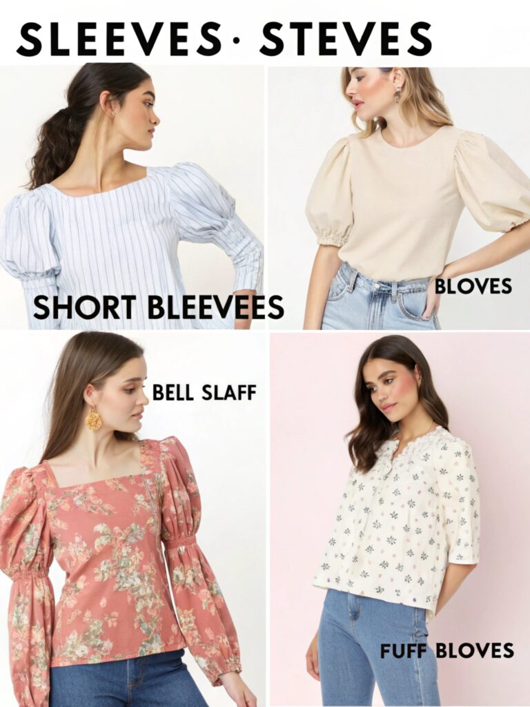 women modeling blouses with different sleeve styles and patterns