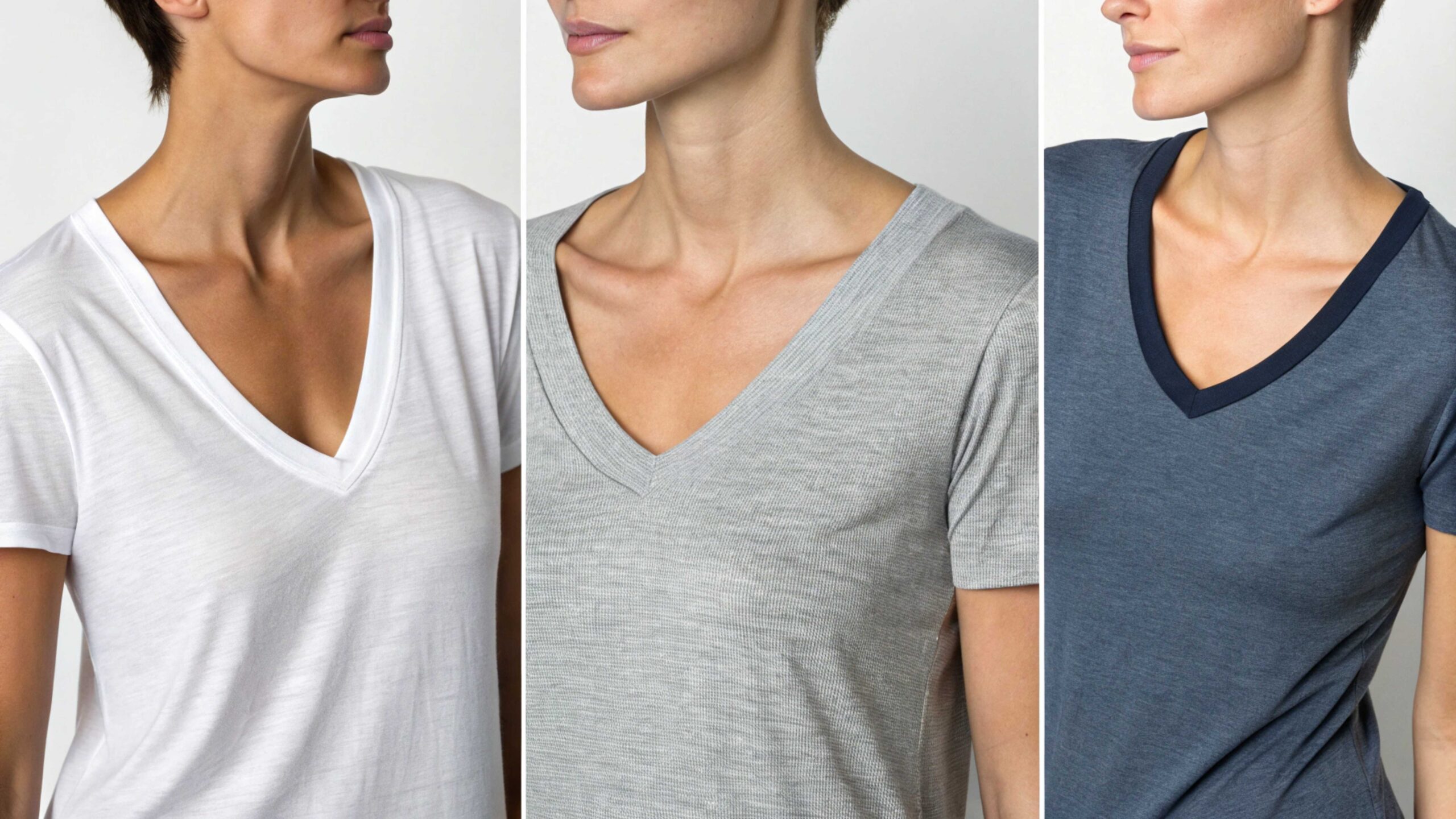 women wearing v-neck t-shirts in white, grey, and blue