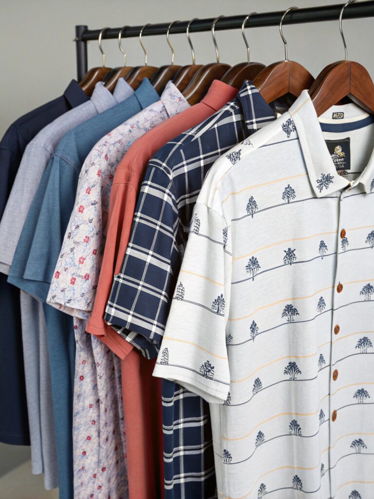 variety of button-up polo shirts hanging on a rack