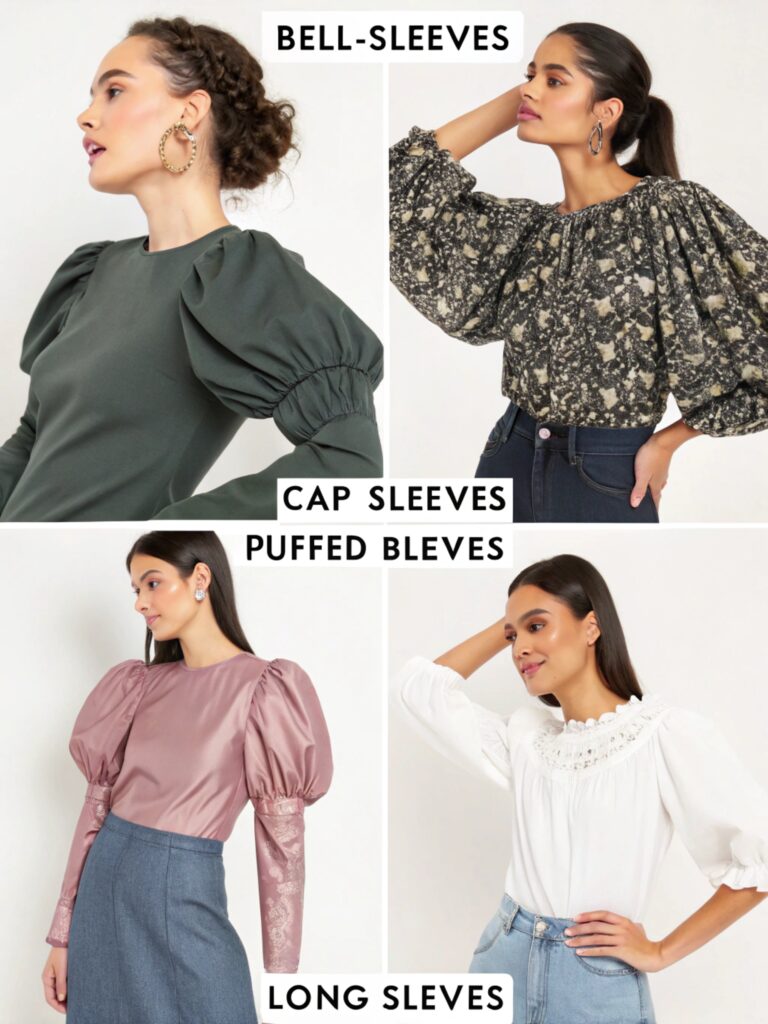 women modeling blouses with bell sleeves puff sleeves and long sleeves