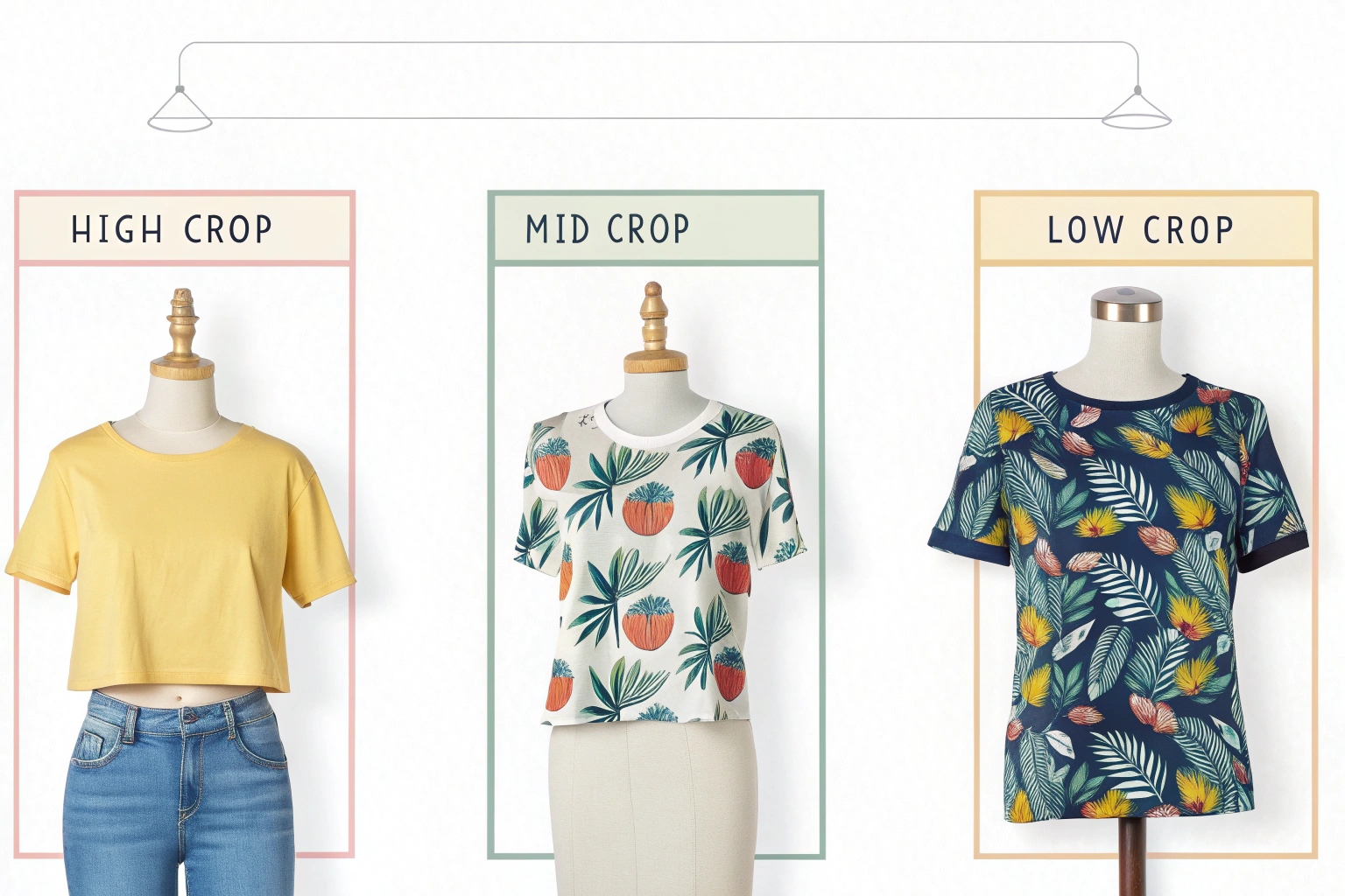 Three mannequins display high crop, mid crop, and low crop t-shirts in solid and printed designs.