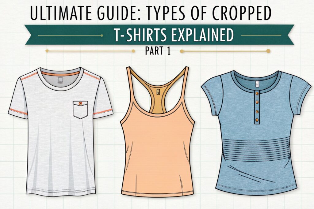 Illustrated guide showing different styles of cropped t-shirts including crew neck, tank top, and buttoned design.