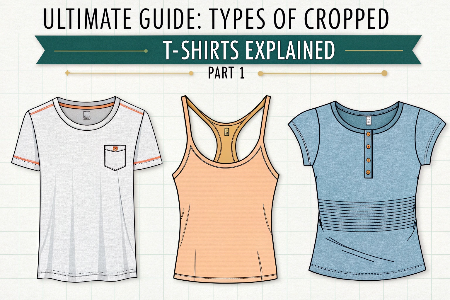 Illustrated guide showing different styles of cropped t-shirts including crew neck, tank top, and buttoned design.