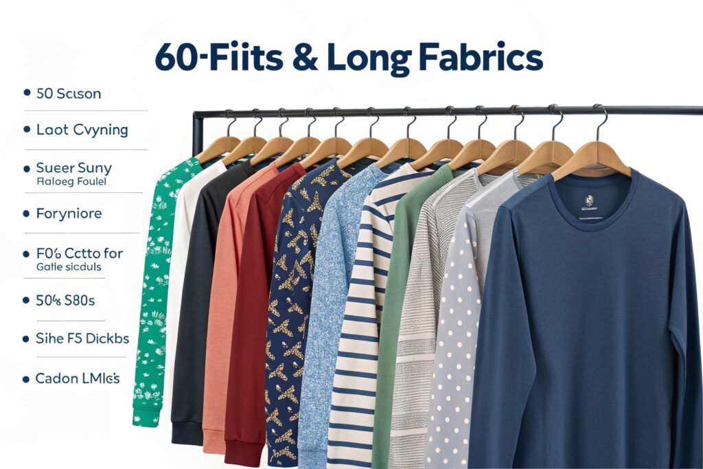 Assorted long sleeve t-shirts in solid colors and patterns hanging neatly on wooden hangers.