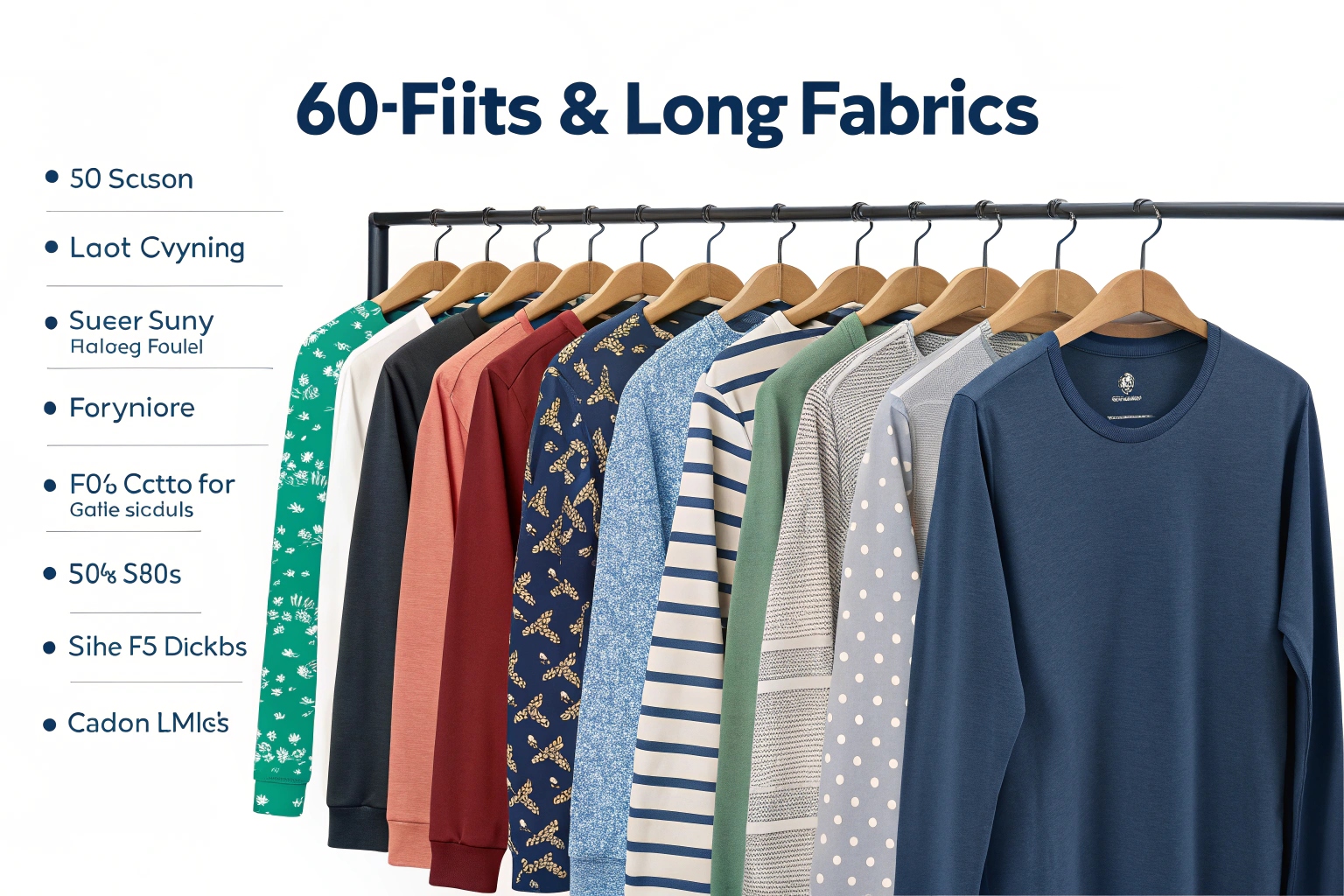 Assorted long sleeve t-shirts in solid colors and patterns hanging neatly on wooden hangers.