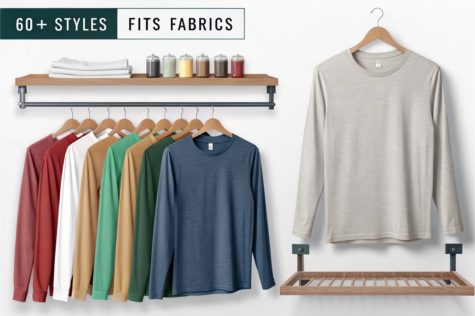 Long sleeve t-shirts in multiple solid colors displayed on hangers with folded fabrics and thread spools above