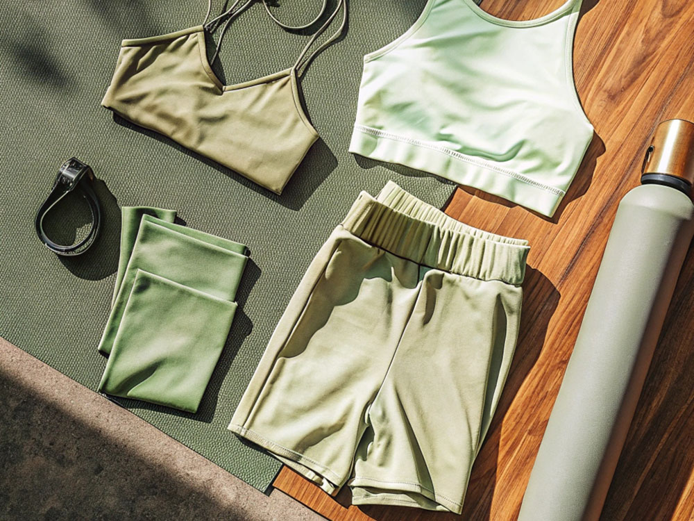 Flat lay of green athletic gear, including sports bras, leggings, shorts, a yoga mat, resistance band, and water bottle, arranged on a wooden surface.