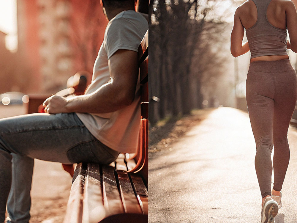 Two contrasting scenes: a man sitting on a bench in casual wear under warm sunlight, and a woman jogging in activewear on a tree-lined path during golden hour.