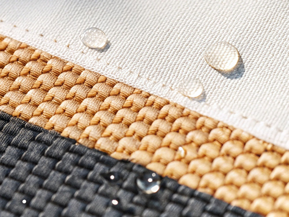 Close-up of layered woven fabrics in white, beige, and gray tones, with water droplets beading on the surface.