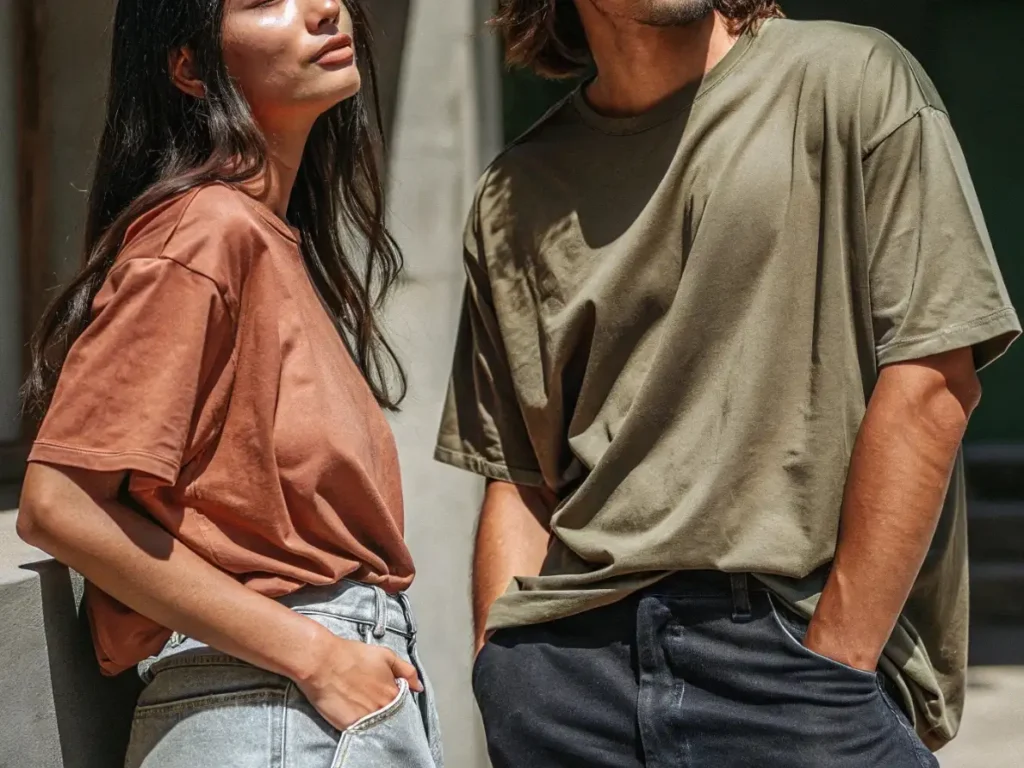 Man and woman wearing oversized casual t-shirts in sunlight