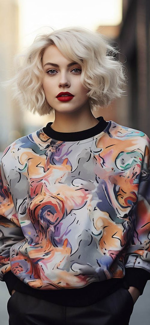 A woman wearing a printed sweatshirt