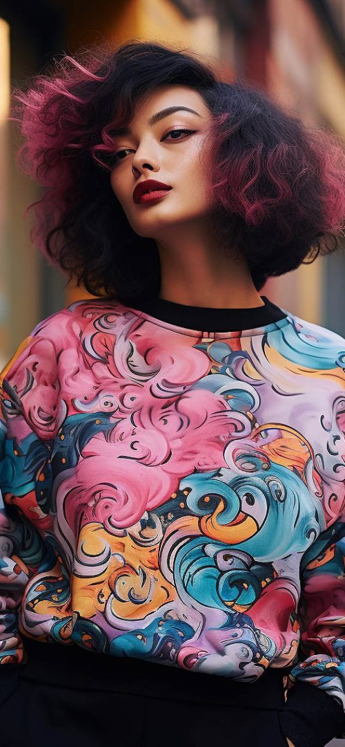A woman wearing a printed sweatshirt