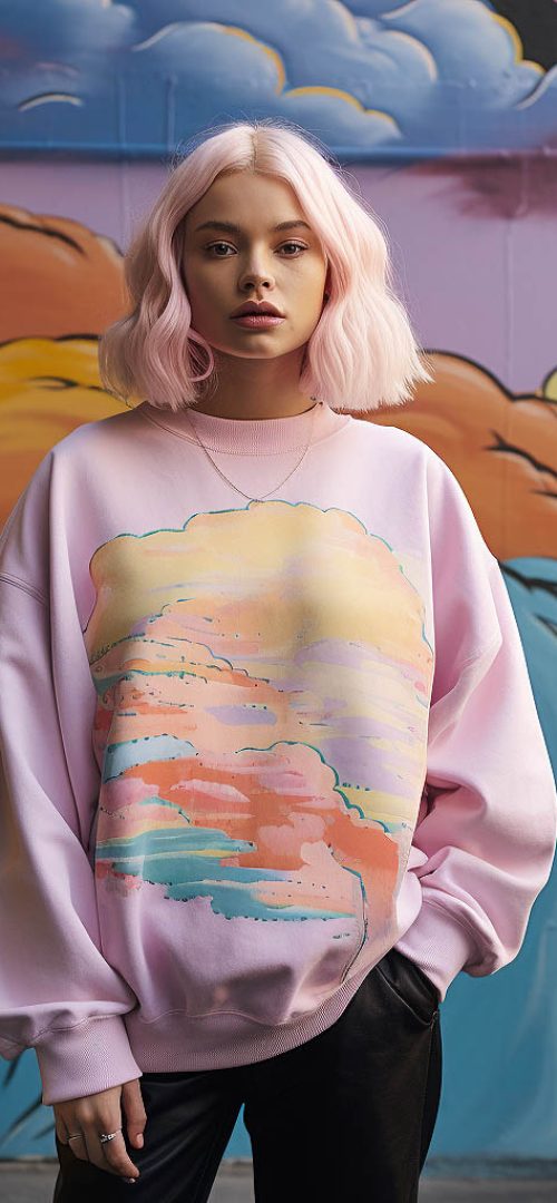 A woman wearing an oversized sweatshirt