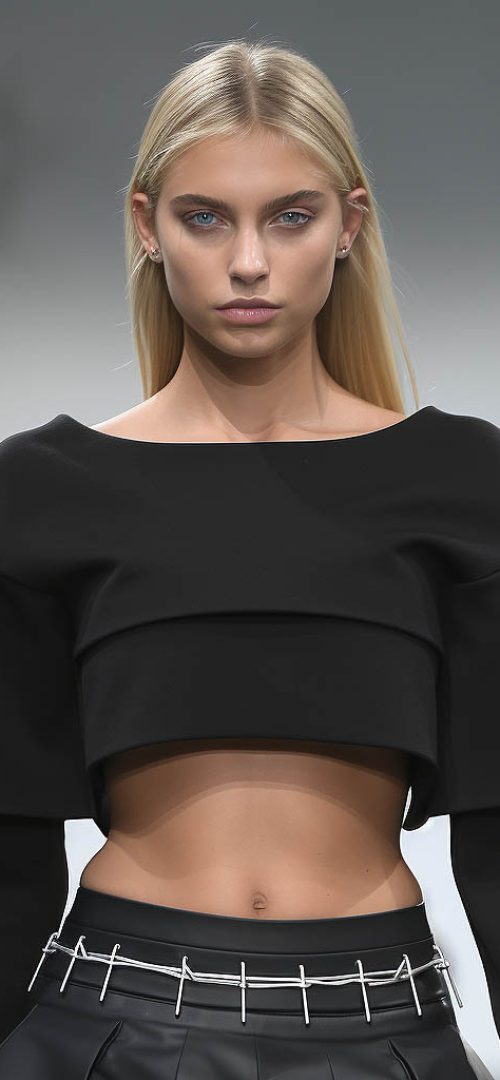 A woman wears a cropped midriff-baring sweatshirt