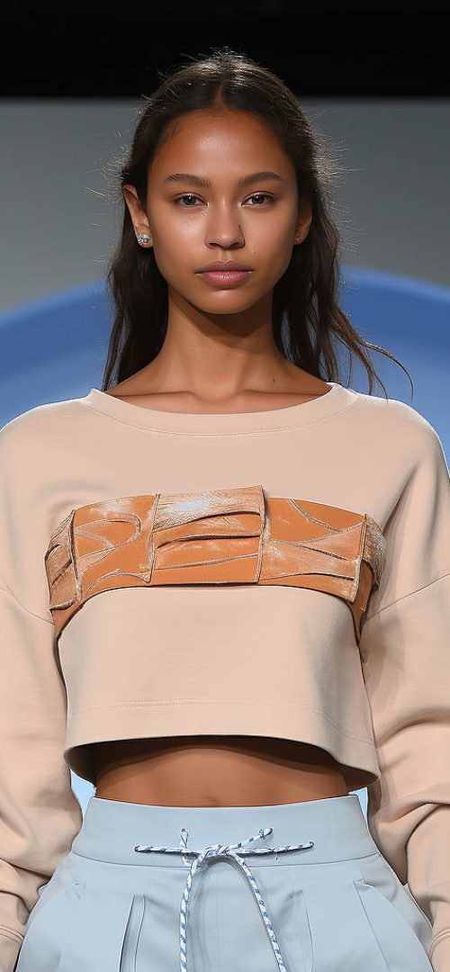 A woman wears a cropped midriff-baring sweatshirt