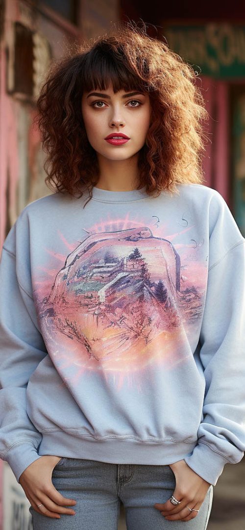 A woman wears an acid wash retro throwback sweatshirt